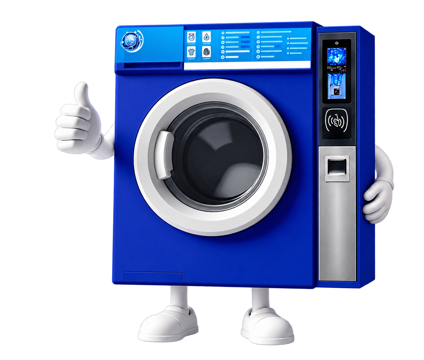 Blue Vendomatic laundry machine mascot giving a thumbs-up